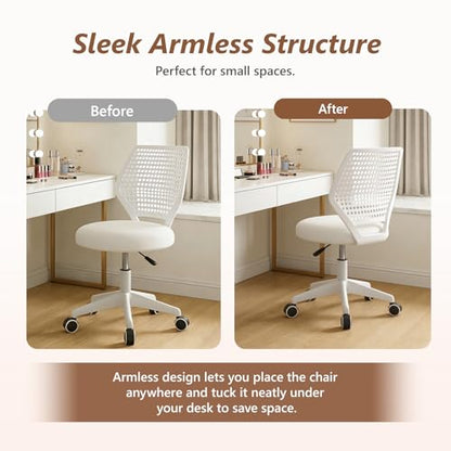 JPBSTO Armless Desk Chair, Height Adjustable Swivel Office Rolling Task Chairs with Soft Mesh Padded Cushion, Ergonomic Small Study Computer Chair - color: Solid White