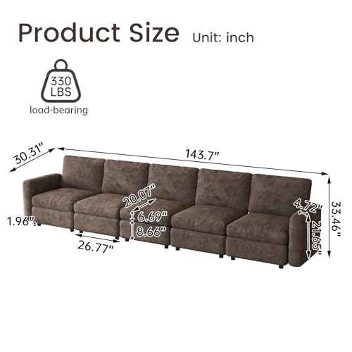 Guyii 143.7" Dark Brown 5-Piece Sofa Set, Extra-Large 5-Seater Modular Sectional Sofa, Modern Convertible Sectional Couch for Living Room, Bedroom, Home - color: Dark Brown, size: 5 Seat Sofa (No Ottoman)