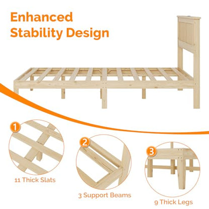 VINGLI Rattan Twin Bed Frame with Headboard,Boho Bed Frame with Underbed Storage and Charging Ports for Bedroom,Solid Wooden Slats Support,Noise-Free,Natural - size: Twin