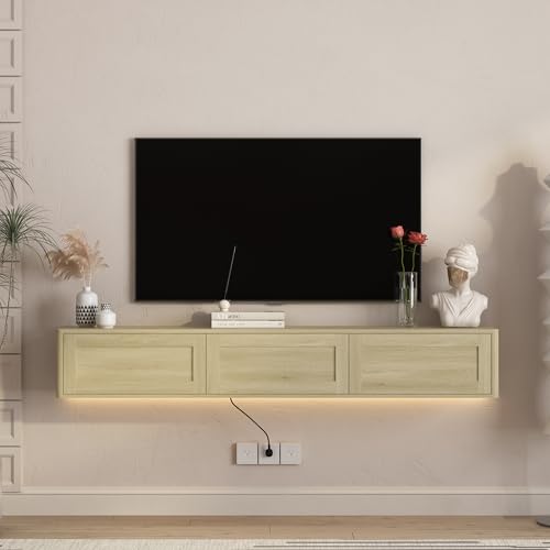 Floating TV Stand Wall Mounted with Led Lights & Power Outlets, Wooden Media Console for TVs Up to 70 Inch, Entertainment Center Television Table Cabinet for Living Room, Natural - color: Natural, size: 68.9" W x 10.6" H
