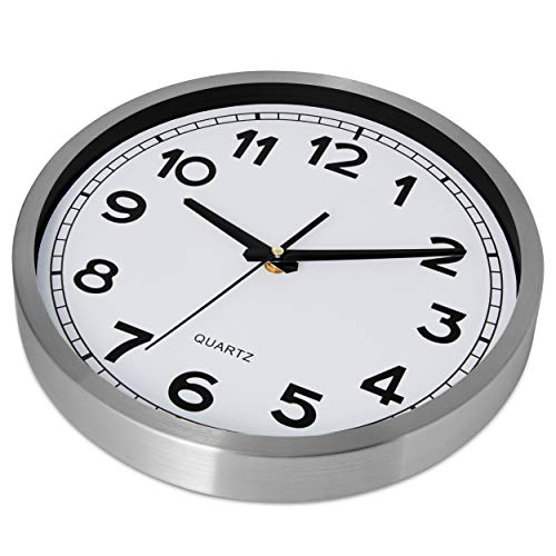Bernhard Products Wall Clock Silent Non-Ticking Large 12" Silver Metal Frame Quartz Battery Operated Easy to Read Office Classroom Kitchen Living Room Bathroom Sweeping Clocks, Black Modern Numbers - style: Metal