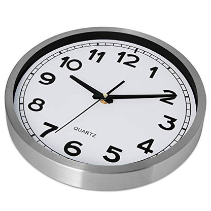 Bernhard Products Wall Clock Silent Non-Ticking Large 12" Silver Metal Frame Quartz Battery Operated Easy to Read Office Classroom Kitchen Living Room Bathroom Sweeping Clocks, Black Modern Numbers - style: Metal