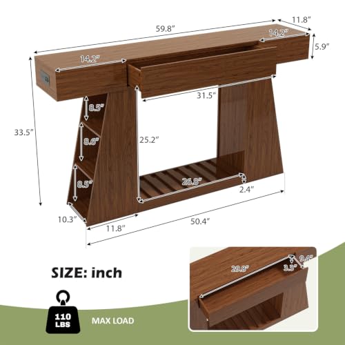 Console Table with Built-in Power Outlet, 60 Inch Narrow Farmhouse Sofa Table Behind Couch, Entryway Foyer Table with Side Storage Compartment & Slatted Bottom Shelf ，1PCS - color: Walnut
