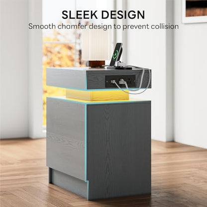 LIKIMIO Nightstand with Charging Station LED Light and 2 Drawers Grey | charging station; LED light; 2 smooth glide drawers; 13.8 D x 18.9 W x 23.6 H in; Grey wood grain - color: Grey