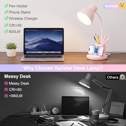 10W Wireless Charging LED Desk Lamp with Pen Holder, CRI 95, Pink | 800LM, 3 Modes, 360°Flexible Arm, Touch, Brightness, Table Lamp for Home Office, Dorm, Bedside, Study, Reading, with Adapter - color: Pink