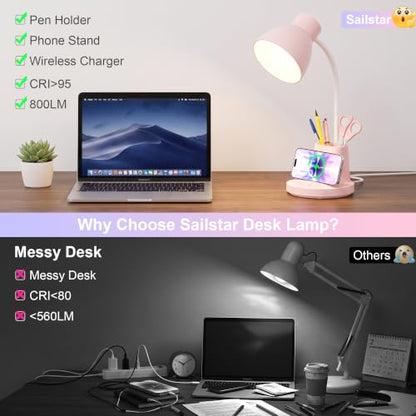 10W Wireless Charging LED Desk Lamp with Pen Holder, CRI 95, Pink | 800LM, 3 Modes, 360°Flexible Arm, Touch, Brightness, Table Lamp for Home Office, Dorm, Bedside, Study, Reading, with Adapter - color: Pink