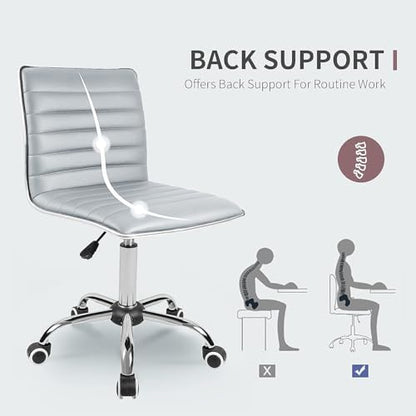 JUMMICO Armless Vanity Office Chair with Wheels, Small Cute Makeup Desk Chair Ribbed Leather Swivel Computer Task Chair (Light Gray) - color: Light Gray