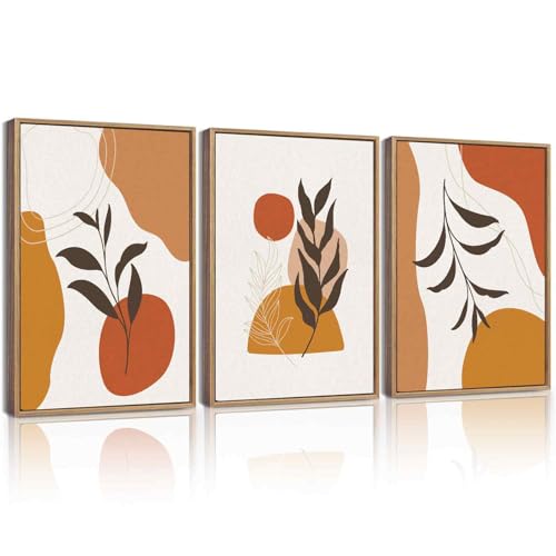 KUVIOKE Boho Wall Art Framed Canvas Botanical Mid Century Modern Wall Printing Orange Neutral Abstract Geometric Prints Bohemain Sage Decor for Farmhouse Living Dining Room 12x16in (Natural Framed) - color: Bohemain, size: 12 x 16in x 3 Panels Natural