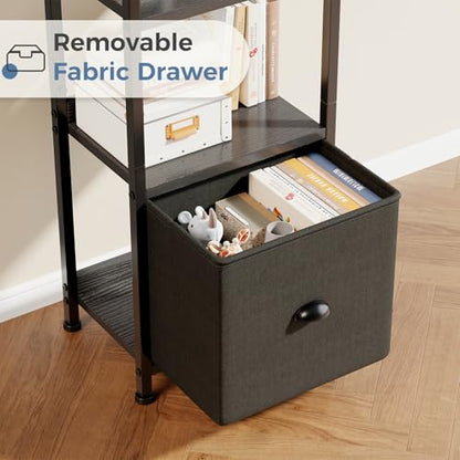 DUMOS 5 Tier Bookshelf with Fabric Drawer, Tall Industrial Bookcase, Narrow Display Standing Shelf, Wood and Metal Storage Shelf Organizer in Bedroom, Living Room, Modern Black