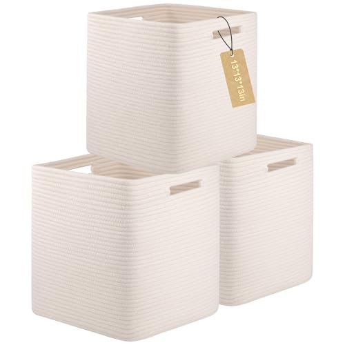 OIAHOMY 3 PACK Cube Storage Bin 13 Inch Collapsible Storage Cube White | Cube Storage Organizer Storage Bins for Shelves Baskets for Organizing Woven Rope Storage Baskets - color: White, size: 3Pcs-13*13*13inch