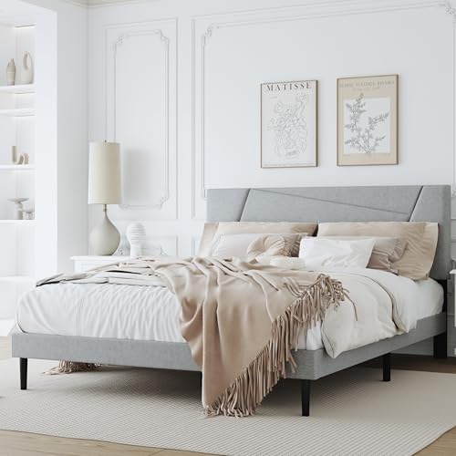 Full Size Upholstered Bed Frame Frame with Headboard，Velvet Gray | Geometric Head Board Platform Bed, Sturdy Wooden Slats, Noiseless No Box Spring Required, Easy to Assemble - color: Light Gray, size: Full