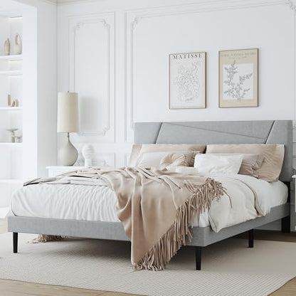 Full Size Upholstered Bed Frame Frame with Headboard，Velvet Gray | Geometric Head Board Platform Bed, Sturdy Wooden Slats, Noiseless No Box Spring Required, Easy to Assemble - color: Light Gray, size: Full