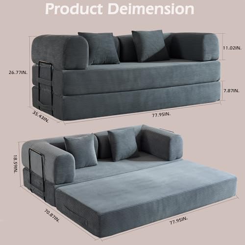 Convertible Sleeper Sofa Bed,Corduroy Folding Mattress Couch with Cylindrical Pillows,Metal Frame,High-Density Sponge,Reconfigurable Lounge Seat for Living Room Bedroom Apartment (Grey,Couch) - color: Grey, size: 77.95"L x 35.43"W x 26.77"H
