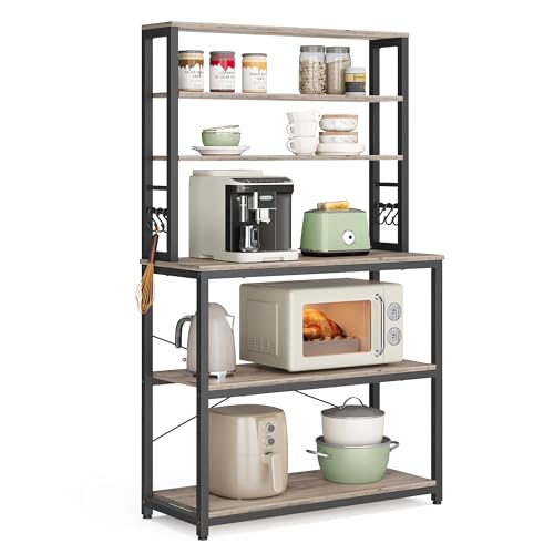 VASAGLE Coffee Bar, 31.5 Inches Baker's Rack for Kitchen with Storage, 6-Tier Kitchen Shelves with 6 Hooks, Microwave Stand, Industrial, Heather Greige and Ink Black UKKS019B02 - color: Heather Greige + Ink Black, size: 31.5"W, style: No Power Outlet