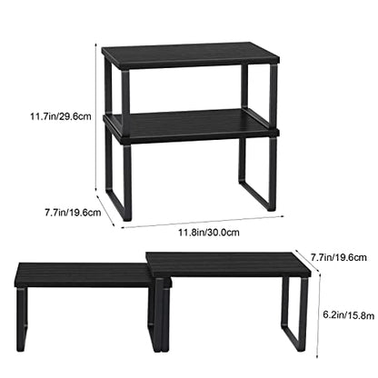 CADUKE Set of 4 Kitchen Counter Shelves, Cabinet Organizer, Black | Wood Countertop Shelves, Stackable Shelf Organizer, Expandable Cabinet Shelf, For Pantry, Industrial - color: Black