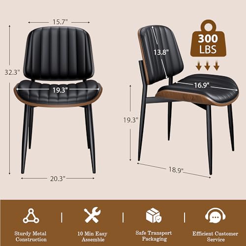 Dining Chairs Set of 2, Mid-Century Modern Upholstered PU Leather Chairs | with Walnut Bentwood Back and Metal Legs Adjustable Feet for Kitchen Dining Living Room, Dark Black Vertical Stripes - color: Dark Black Vertical Stripes