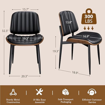 Dining Chairs Set of 2, Mid-Century Modern Upholstered PU Leather Chairs | with Walnut Bentwood Back and Metal Legs Adjustable Feet for Kitchen Dining Living Room, Dark Black Vertical Stripes - color: Dark Black Vertical Stripes