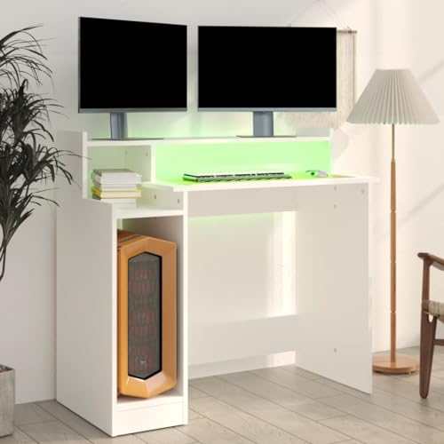 Computer Desk White Engineered Wood Writing Desk with Floating Shelves Modern Matte Rectangular Study Table for Small Spaces Office Bedroom, 38.2 x 17.7 x 35.4 Inches - color: White, size: Standard