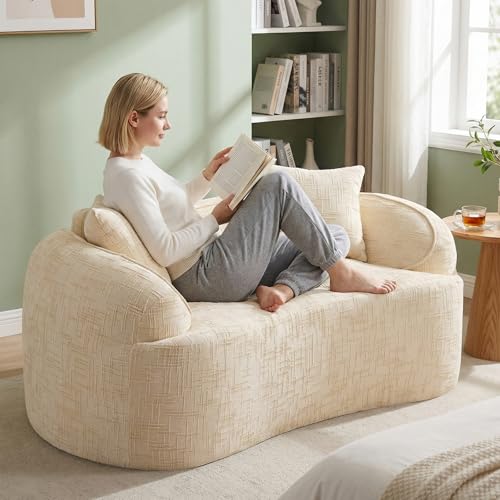 67" Curved Loveseat Sofa with 2 Pillows, Modern Boneless Couch in a Box, Small Cloud Loveseat for Bedroom Small Space Apartment Living Room, Memory Foam, Chenille, No Assembly (Beige) - color: Beige