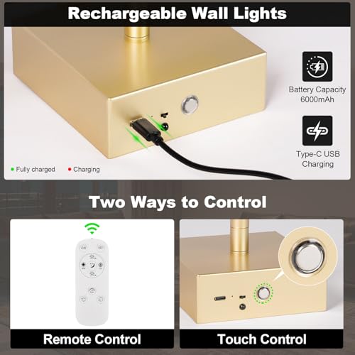 Battery Operated Wall Sconce, 3000K-6000K Dimmable Gold Wall Lights with Remote Control, Timable LED Wireless Wall Sconces, 350° Ratate for Bathroom, Living Room, Hallway 39.4 Inch 1 Pack - color: Gold, size: 39.4in(1 Pack)