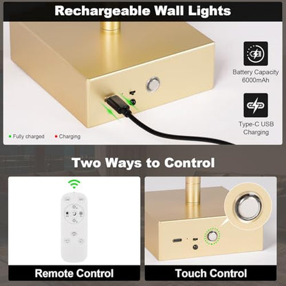 Battery Operated Wall Sconce, 3000K-6000K Dimmable Gold Wall Lights with Remote Control, Timable LED Wireless Wall Sconces, 350° Ratate for Bathroom, Living Room, Hallway 39.4 Inch 1 Pack - color: Gold, size: 39.4in(1 Pack)