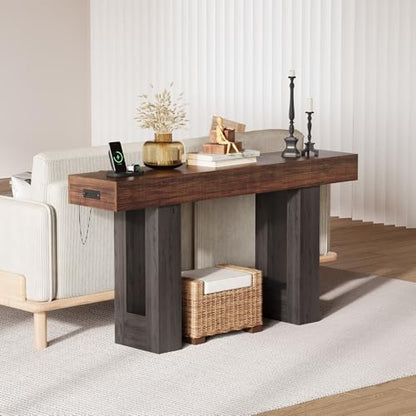 IDEALHOUSE 63" Entryway Table with Power Outlet, Console Table for Entryway | Rustic Brown, Wooden Sofa Table, Narrow Hallway Foyer Table for Entryway, Hallway, Living Room - color: Rustic Brown & Grey