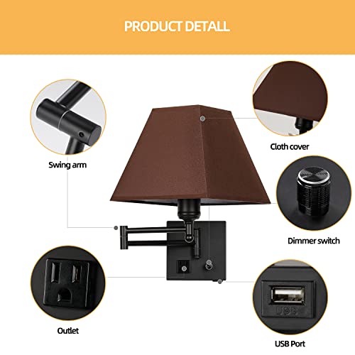 Swing Arm Wall Lamp.Plug in Wall Sconces with USB Port and AC Outlet.Sconces Wall Lighting Coffee Fabric Shade with Dimmable Switch for Hallway Bedroom Living Room.Black Finish. - color: Black