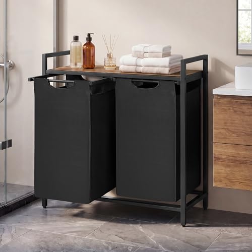 SONGMICS HOME Laundry Basket Sorter with Storage Shelf, Laundry Hamper with Metal Frame, 2 x 12.1 Gallons (46 L), Black and Rustic Brown - color: Black + Rustic Brown, size: 2 Bags-92L