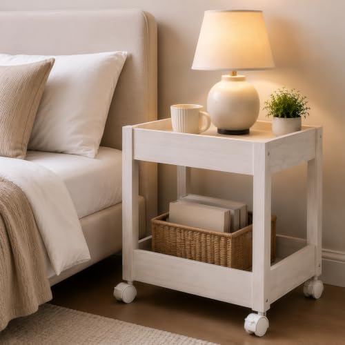 Wooden Rolling Storage Cart 2-Tier Mobile Organizer Small Spaces | Rolling Wooden Utility Cart for Home Bathroom Kitchen Coffee Station Bedroom Office Storage Solution（White）