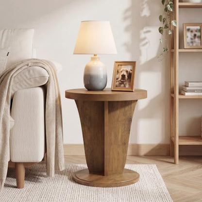 LITTLE TREE Round Side Table, Mid Century Space-Saving End Table | Modern Accent Nightstand for Small Space, Wood Drink Table for Living Room, Bedroom, Corner and Office, Easy Assembly, Brown