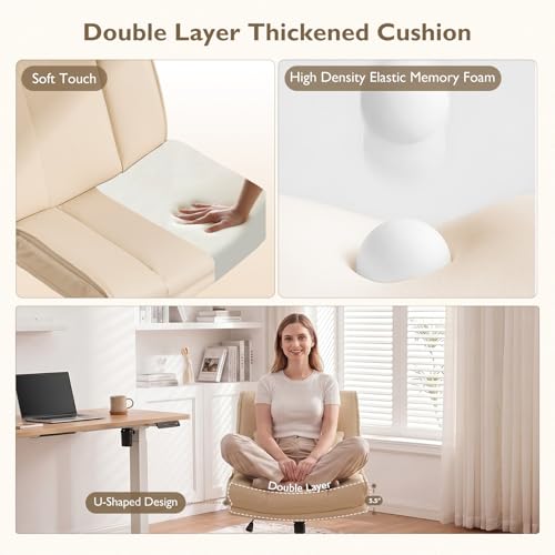Armless Criss Cross Office Chair with Wheels,PU Leather Beige | 5.5" Double Layers Thickened Seat Cushion and Backrest,Lumbar Pillow,Swivel Chair,Wide Comfortable Cross Legged,320LBS - color: Beige