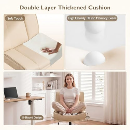 Armless Criss Cross Office Chair with Wheels,PU Leather Beige | 5.5" Double Layers Thickened Seat Cushion and Backrest,Lumbar Pillow,Swivel Chair,Wide Comfortable Cross Legged,320LBS - color: Beige