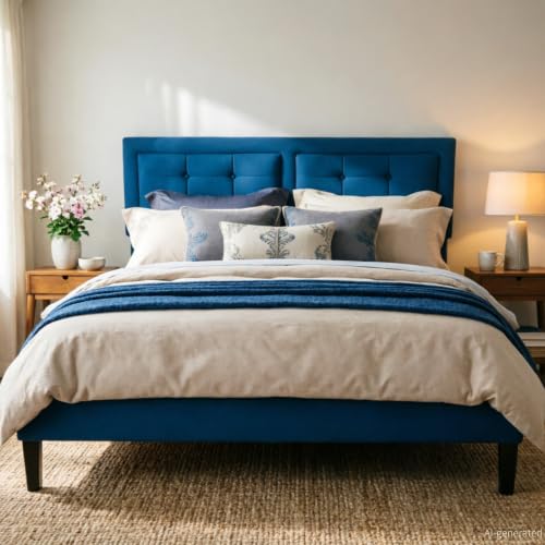 VECELO Queen Size Bed Frame, Adjustable Upholstered Button Tufted Headboard, Heavy-Duty Bedframe with Wood Slats Support, No Box Spring Needed, Aegean Blue - color: Aegean Blue, size: Queen, style: Bed Frame