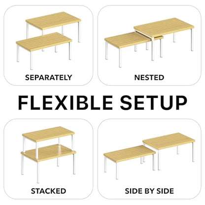 Simple Houseware Stackable Cabinet Counter Shelf Wooden Surface, Oak | Expandable Organizer 7.6" D x 11.75" W x 6.1" H - color: Oak