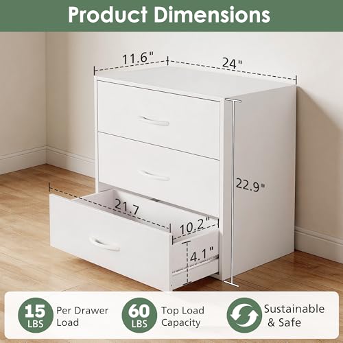 PrimeZone 3 Drawers Wood Closet Dresser Stackable Storage Organizer White | Modular Chest Cabinet Clothes Short Small Low Deep Bedroom Dorm Underbed Wardrobe Nursery Office Inside Pull Out Space Saving