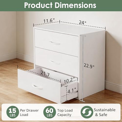 PrimeZone 3 Drawers Wood Closet Dresser Stackable Storage Organizer White | Modular Chest Cabinet Clothes Short Small Low Deep Bedroom Dorm Underbed Wardrobe Nursery Office Inside Pull Out Space Saving