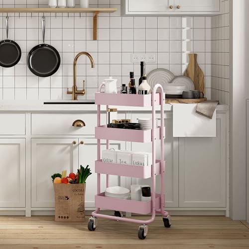 4 Tier Metal Rolling Cart Pink Utility Cart with Wheels,Rolling Pink Cart for Office,Home,Kitchen,Garden（13.4"x18.1"x40"） - color: Pink, size: 40"H
