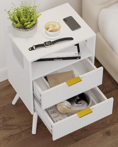Leomonio White Nightstand, Modern Bedside Table with 2 Storage Drawer and Open Wood Shelf, for Bedroom and Small Spaces, Night Stand with Solid Wood Legs - color: White