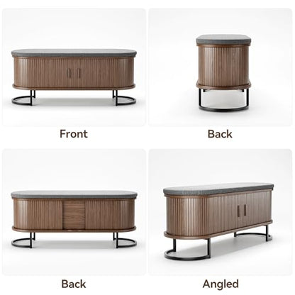 Decofy 47.2'' Entryway Storage Bench Seat with Sliding Door, Large Shoe Bench with Sturdy Metal Feet & Soft Cushion, Multi-Scene Use for Entrance, Bedroom & Living Room（Walnut） - color: Walnut