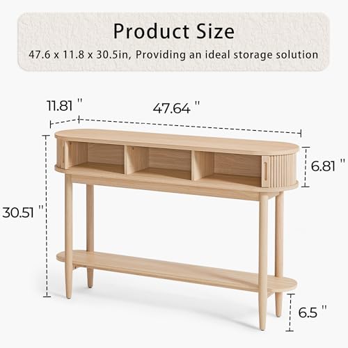LINSY Fluted Console Table with Storage and Shelves, Light Wood | Entryway Table, Wood Entrance, Behind Couch Sofa Table, Foyer Tables for Hallways, Living Room Boho Furniture, Narrow Long - color: Light Wood