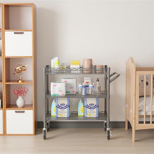 Folews Heavy Duty Rolling Cart with Wheels, 990LBS Metal Utility Cart | 3-Tier NSF Rolling Storage Organizer, Adjustable Shelves & Basket, Lockable Casters, Commercial Storage Trolley, Gray - style: Gray