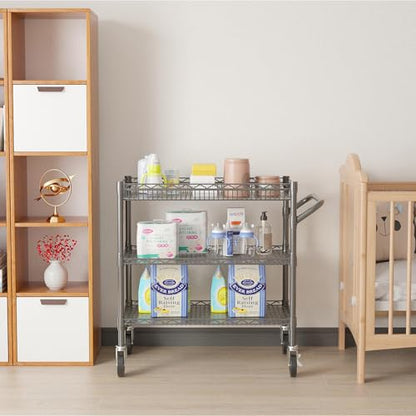 Folews Heavy Duty Rolling Cart with Wheels, 990LBS Metal Utility Cart | 3-Tier NSF Rolling Storage Organizer, Adjustable Shelves & Basket, Lockable Casters, Commercial Storage Trolley, Gray - style: Gray
