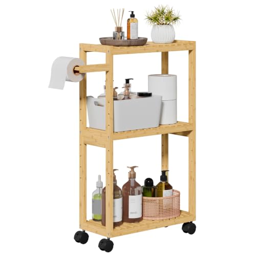 RRX Bamboo Rolling Cart, Slim 3-Tier Standing Shelf Units on Wheels (Beige) | Bamboo Shelves Utility, Storage Corner Shelf Cabinet for Narrow Space, Toilet Paper Organizer for Bathroom, Kitchen - color: Beige