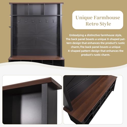 JIVOIT Farmhouse Retro Style Hall Tree, Multi-functional 4-in-1 Design Hall Tree, Practical Walnut Entryway Bench with Adjustable Shelves, Shoe Organizer with 16 Open Compartments for Entryway - color: Black/07