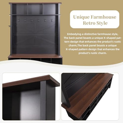 JIVOIT Farmhouse Retro Style Hall Tree, Multi-functional 4-in-1 Design Hall Tree, Practical Walnut Entryway Bench with Adjustable Shelves, Shoe Organizer with 16 Open Compartments for Entryway - color: Black/07