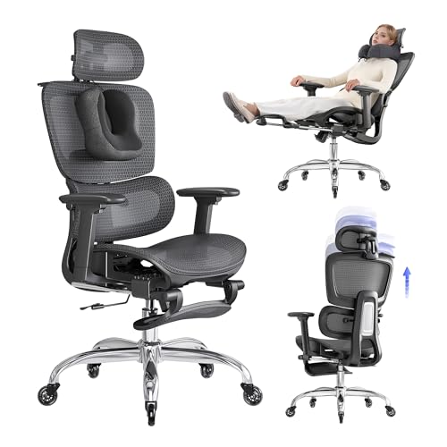 Office Chair with Footrest, Ergonomic Chair with Neck Pillow & Rubber Wheels, Computer Chair with Adjustable Backrest & 3D Armrests Headrest, Gaming Chair Adaptive Lumbar Support, Black - color: Black, style: Pro