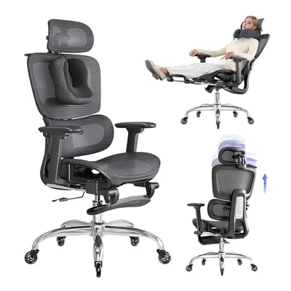 Office Chair with Footrest, Ergonomic Chair with Neck Pillow & Rubber Wheels, Computer Chair with Adjustable Backrest & 3D Armrests Headrest, Gaming Chair Adaptive Lumbar Support, Black - color: Black, style: Pro