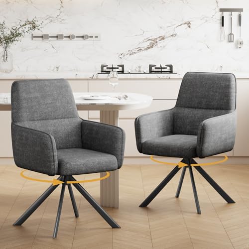 Swivel Dining Chairs Set of 2, Upholstered Dining Room Chairs with Thicken Cushion, 360°Swivel Dining Chairs with Armrests Modern Kitchen Chairs for Lounge, Chenille, Darkgrey - color: Darkgrey, size: Set of 2