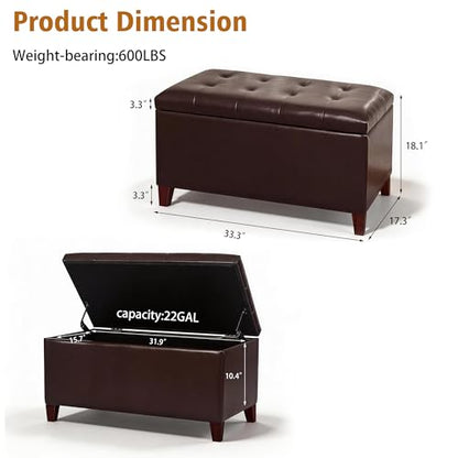 Storage Ottoman Bench, 33 Inches Faux Leather Rectangle Tufted Foot Stool for End Foot of Bed, Bedroom, Living Room, Brown - color: Brown Faux Leather