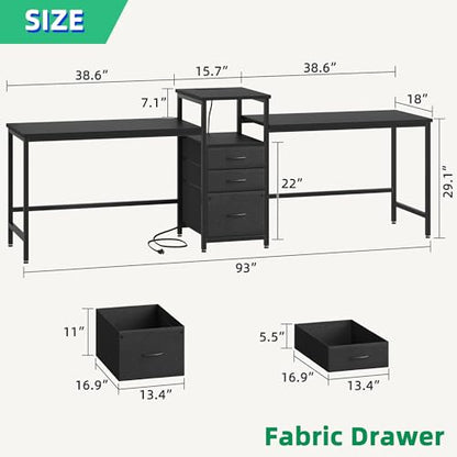 GYIIYUO 93'' Two Person Desk with Charging Station, Long Desk with 3 Drawer | Double Computer Desk with Printer Shelf, 2 Person Writing Study Table Workstation for Home Office, Black - color: Black